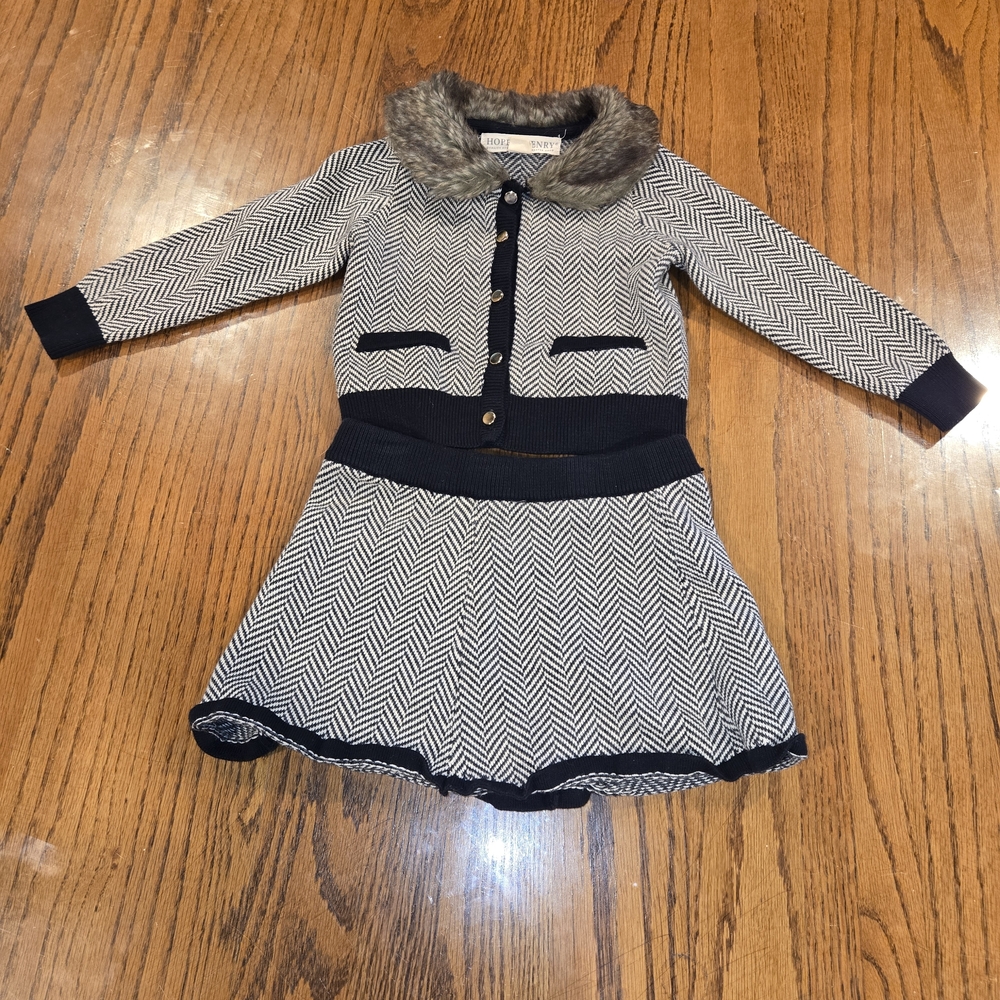Herringbone Dress with Faux Fur Collar